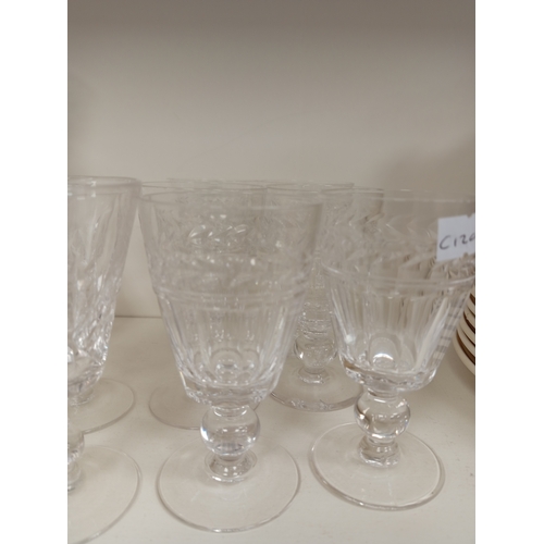 439 - Stuart crystal carafe, six Stuart crystal sherry glasses and six Royal Doulton sherry glasses