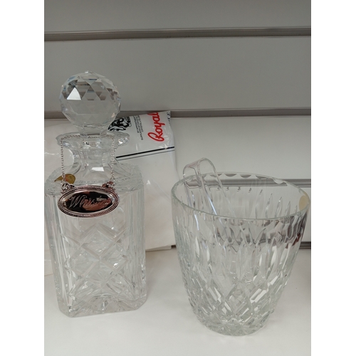 456 - Royal Brierley Crystal decanter and ice bucket both in original boxes and a whiskey decanter label