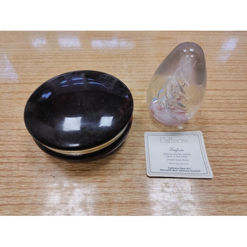 463 - A Caithness Seaform paper weight and a hand crafted circular alabaster box.