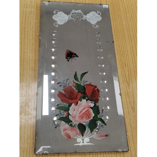 465 - 1930s Rectangular Beveled Edge Art Deco Mirror reverse painted with a butterfly and flowers