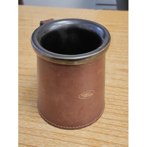 470 - Vintage Land Rover Ceramic cup in real hide holder. Made in England