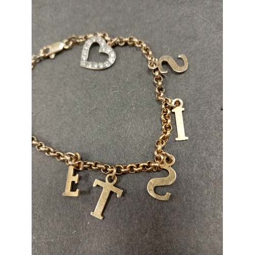 721 - Yellow metal on 925 silver sister charm bracelet 18cm