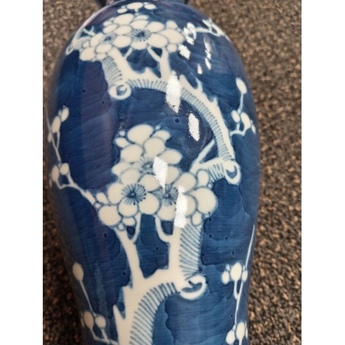 405 - Oriental Chinese blue and white prunus vase H 25cm x W 12cm