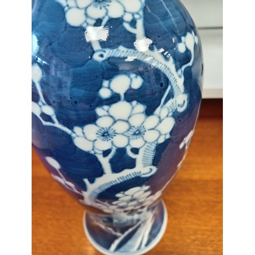 405 - Oriental Chinese blue and white prunus vase H 25cm x W 12cm