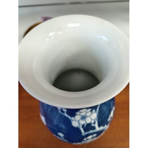 405 - Oriental Chinese blue and white prunus vase H 25cm x W 12cm