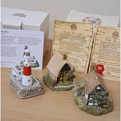 501 - Lilliput Lane British Miniature Models Collection, boxed with paperwork: Portland Bill Lighthouse; F... 