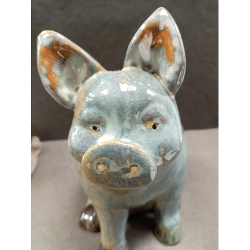 410 - Vintage handmade pottery blue glazed pig H 21cm x W 12cm