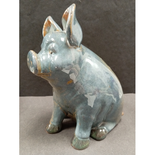 410 - Vintage handmade pottery blue glazed pig H 21cm x W 12cm