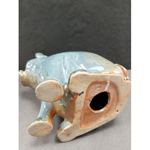 410 - Vintage handmade pottery blue glazed pig H 21cm x W 12cm