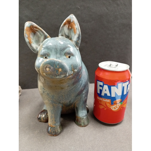 410 - Vintage handmade pottery blue glazed pig H 21cm x W 12cm