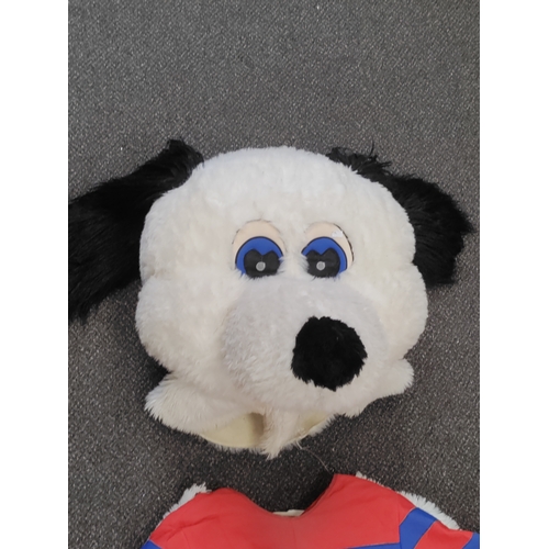 416 - Black and white dog mascot outfit with a blue and red vest. H 144cm x W 90cm