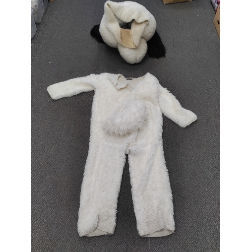 416 - Black and white dog mascot outfit with a blue and red vest. H 144cm x W 90cm