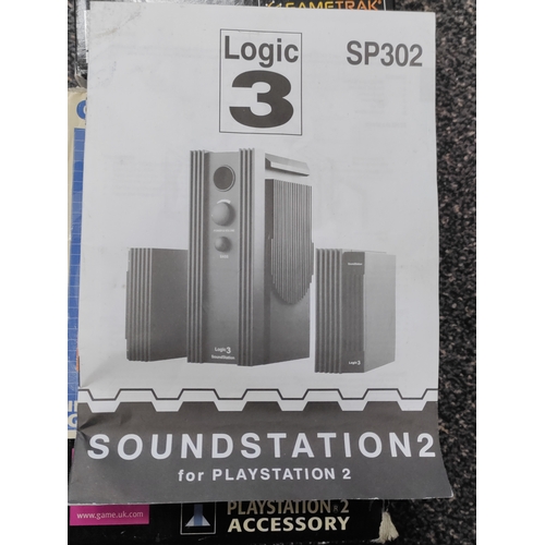 422 - Silver PS2 console with all necessary cables and a boxed sound station 2 aftermarket speaker set. Al... 