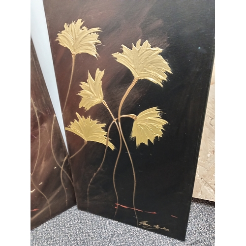 508 - Jean Sanders Germany original Art scene of golden flowers three piece canvas H 70cm x W 120cm