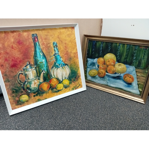 511 - Two mid century signed wilmoth fruit scene colourful framed oil on board pictures, one H 54cm x W 59... 