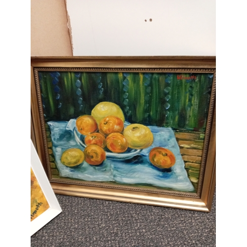 511 - Two mid century signed wilmoth fruit scene colourful framed oil on board pictures, one H 54cm x W 59... 