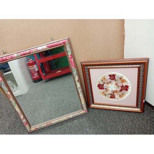 512 - Vintage flower framed mirror H 58cm x W 47cm and a dried pressed flower picture on silk in a floral ... 