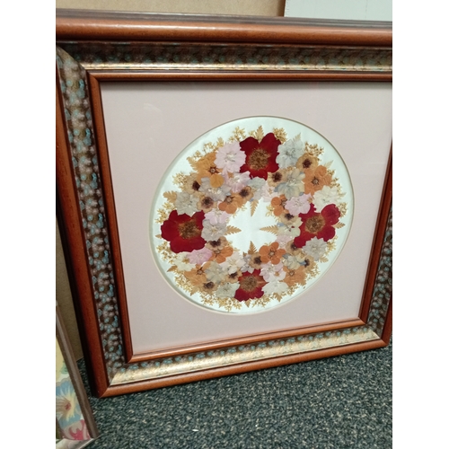 512 - Vintage flower framed mirror H 58cm x W 47cm and a dried pressed flower picture on silk in a floral ... 