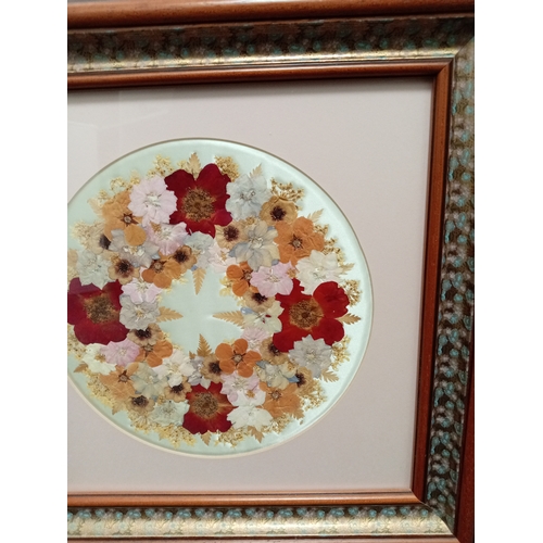 512 - Vintage flower framed mirror H 58cm x W 47cm and a dried pressed flower picture on silk in a floral ... 