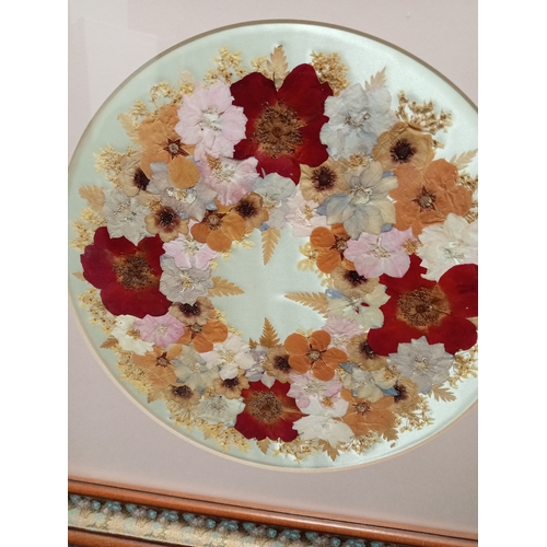 512 - Vintage flower framed mirror H 58cm x W 47cm and a dried pressed flower picture on silk in a floral ... 