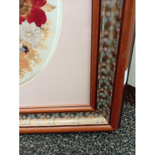 512 - Vintage flower framed mirror H 58cm x W 47cm and a dried pressed flower picture on silk in a floral ... 