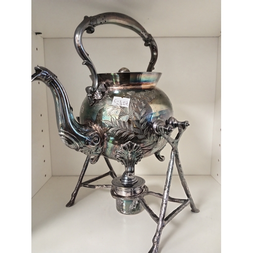 423 - Walker and Hall Antique Victorian ornate Sheffield silver plated tilting spirit kettle with burner