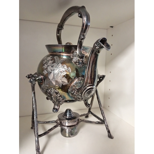 423 - Walker and Hall Antique Victorian ornate Sheffield silver plated tilting kettle