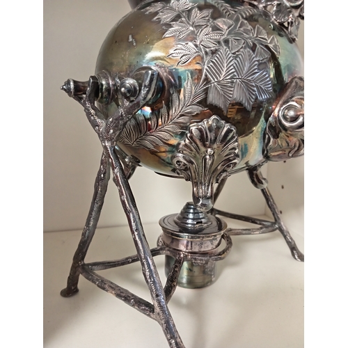 423 - Walker and Hall Antique Victorian ornate Sheffield silver plated tilting spirit kettle with burner