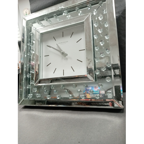 424 - Work diamanté mirrored Square Churchgate wall clock with damage to part of mirror H 40cm x W 40cm