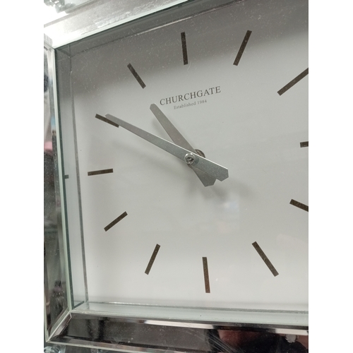 424 - Work diamanté mirrored Square Churchgate wall clock with damage to part of mirror H 40cm x W 40cm