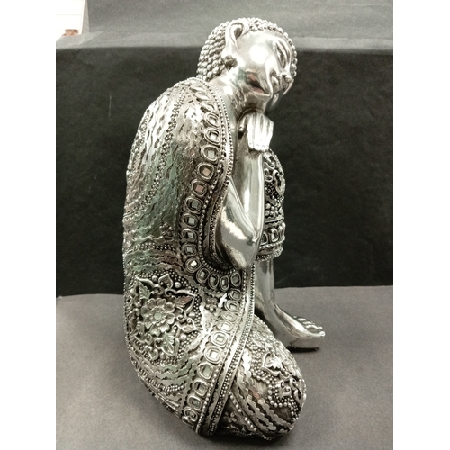 427 - Silver resin sleeping Buddha with flower and mirror detail clothing. H 36cm x W 20cm