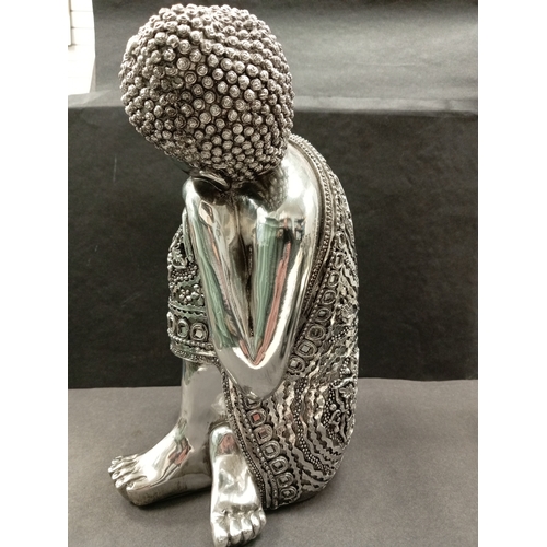 427 - Silver resin sleeping Buddha with flower and mirror detail clothing. H 36cm x W 20cm