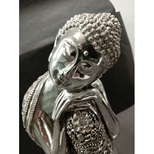 427 - Silver resin sleeping Buddha with flower and mirror detail clothing. H 36cm x W 20cm