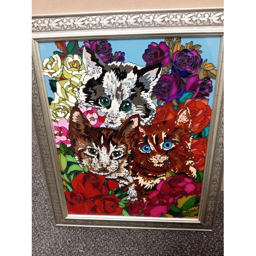 434 - Colourful cat acrylic picture in silver frame. H 60cm x W 50cm