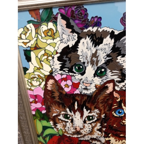 434 - Colourful cat acrylic picture in silver frame. H 60cm x W 50cm