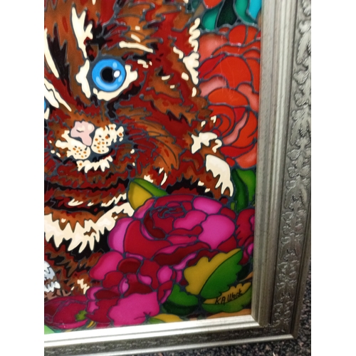 434 - Colourful cat acrylic picture in silver frame. H 60cm x W 50cm