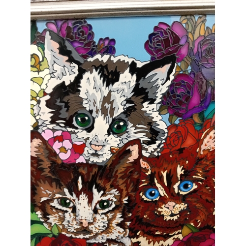 434 - Colourful cat acrylic picture in silver frame. H 60cm x W 50cm