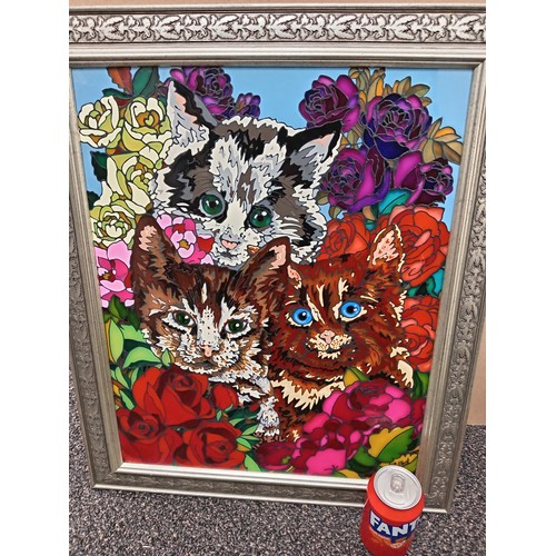 434 - Colourful cat acrylic picture in silver frame. H 60cm x W 50cm