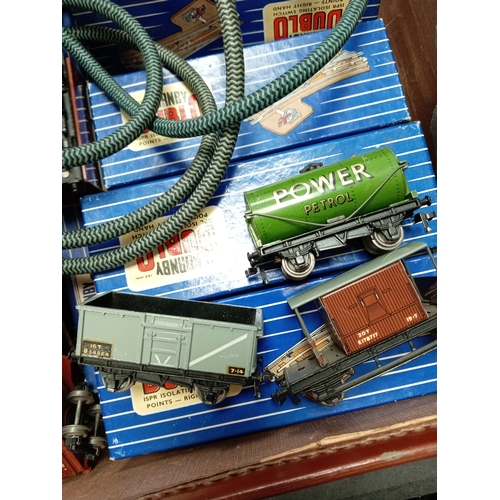 439 - Vintage leather case with OO gauge Hornby Dublo locomotives, Isolating switch points boxed, Curved t... 