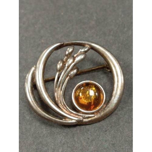 664 - 925 silver Amber swirl bud brooch 3cm