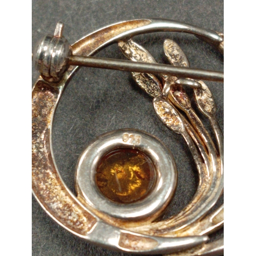 664 - 925 silver Amber swirl bud brooch 3cm