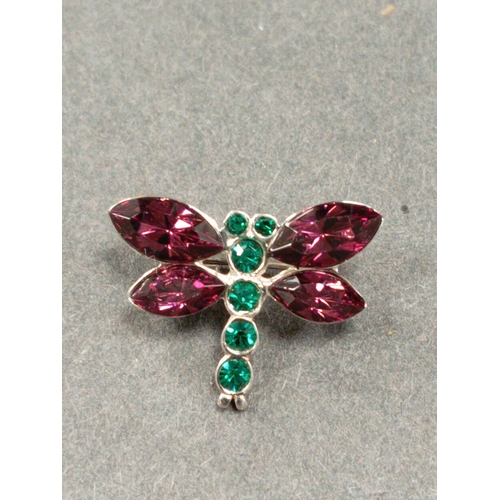 669 - 925 silver purple and green gemstone dragonfly brooch