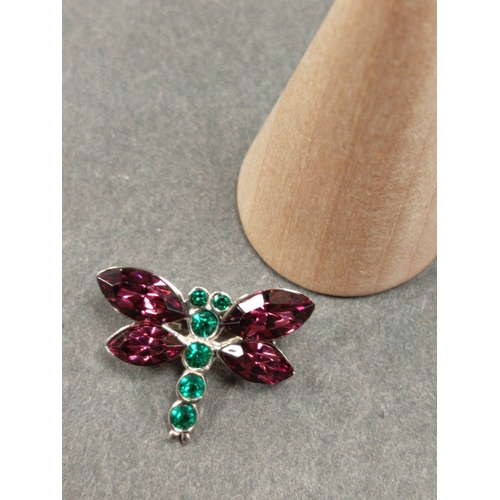 669 - 925 silver purple and green gemstone dragonfly brooch