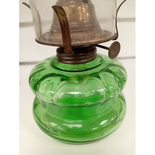 449 - Camerco made in Germany green glass base oil lamp, H 30cm x W 11cm