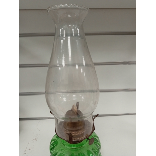 449 - Camerco made in Germany green glass base oil lamp, H 30cm x W 11cm