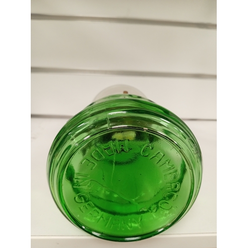 449 - Camerco made in Germany green glass base oil lamp, H 30cm x W 11cm