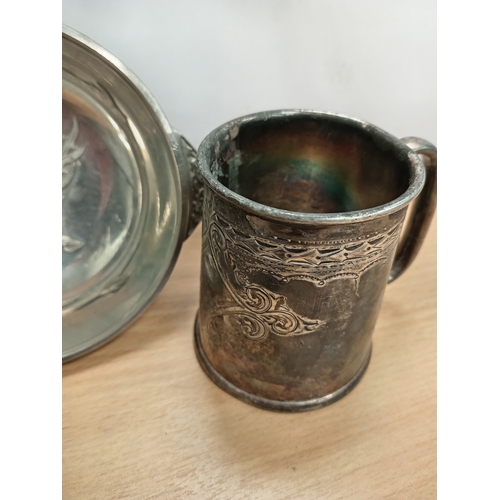 452 - Silver plated tankard, Pewter and brass rimmed tankard and a Edwin Blyde and Co Ltd celtic pewter th... 