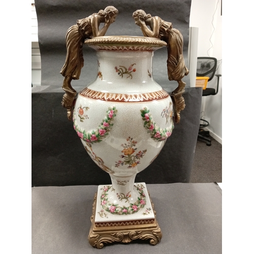 454 - Porcelain Amphora with detatchable Roman cast ladies, cast base and rim with elegant floral and cher... 