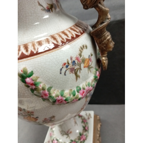 454 - Porcelain Amphora with detatchable Roman cast ladies, cast base and rim with elegant floral and cher... 