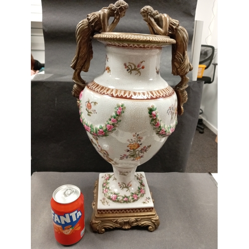 454 - Porcelain Amphora with detatchable Roman cast ladies, cast base and rim with elegant floral and cher... 